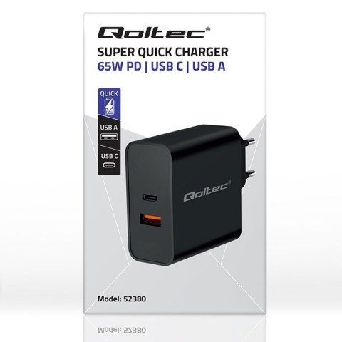 QOLTEC ŁADOWARKA SUPER QUICK PD | 1XUSB-C | 1XUSB | 65W | 5-20V | 1.5-3.25A | CZARNA QOLTEC ŁADOWARKA SUPER QUICK PD | 1XUSB-C | 1XUSB | 65W | 5-20V | 1.5-3.25A | CZARNA