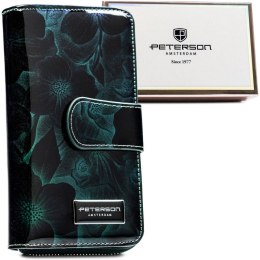 Elegancki, lakierowany zielony portfel damski w kwiaty Peterson