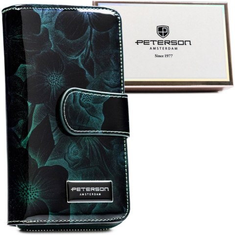 Elegancki, lakierowany zielony portfel damski w kwiaty Peterson Elegancki, lakierowany zielony portfel damski w kwiaty Peterson