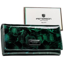 Elegancki, zielony, lakierowany portfel damski z kwiatowym wzorem RFID STOP Peterson