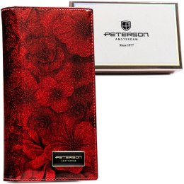 Czerwony, pionowy portfel damski w kwiaty skóra naturalna i ekologiczna RFID STOP Peterson
