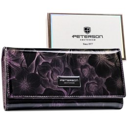 Elegancki, lakierowany, fioletowy portfel damski w kwiaty RFID STOP Peterson