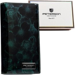 Zielony, duży, lakierowany portfel damski w kwiaty zamykany na suwak i magnes RFID STOP Peterson