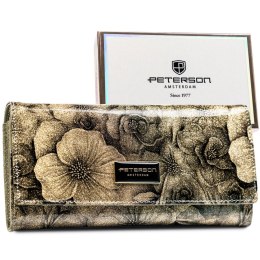 Złoty lakierowany portfel damski w kwiaty skóra naturalna i ekologiczna RFID STOP Peterson
