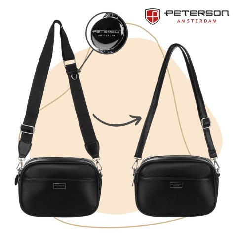 Czarna, klasyczna listonoszka damska crossbody z eko skóry dwa paski w komplecie Peterson Czarna, klasyczna listonoszka damska crossbody z eko skóry dwa paski w komplecie Peterson