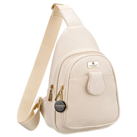 Beżowa saszetka damska z szerokim materiałowym paskiem crossbody plecak na jedno ramię eko skóra Peterson Beżowa saszetka damska z szerokim materiałowym paskiem crossbody plecak na jedno ramię eko skóra Peterson