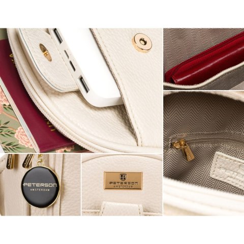 Beżowa saszetka damska z szerokim materiałowym paskiem crossbody plecak na jedno ramię eko skóra Peterson Beżowa saszetka damska z szerokim materiałowym paskiem crossbody plecak na jedno ramię eko skóra Peterson