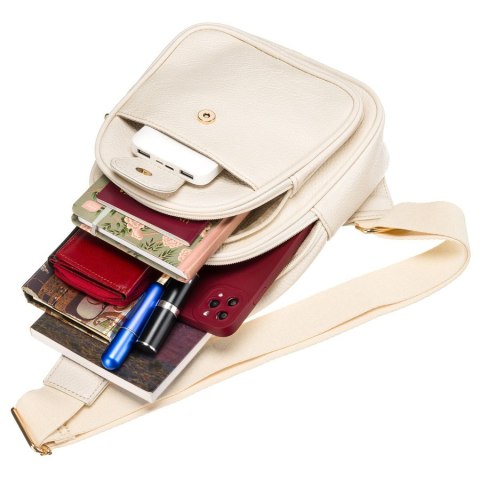 Beżowa saszetka damska z szerokim materiałowym paskiem crossbody plecak na jedno ramię eko skóra Peterson Beżowa saszetka damska z szerokim materiałowym paskiem crossbody plecak na jedno ramię eko skóra Peterson