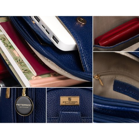 Mała miejska saszetka damska na ramię lub przez ramię crossbody granatowa ze złotymi okuciami eko skóra Peterson Mała miejska saszetka damska na ramię lub przez ramię crossbody granatowa ze złotymi okuciami eko skóra Peterson