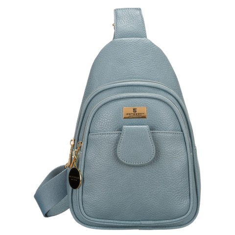 Niebieska stylowa mała saszetka damska z eko skóry zdobionej złotymi okuciami nerka crossbody Peterson Niebieska stylowa mała saszetka damska z eko skóry zdobionej złotymi okuciami nerka crossbody Peterson