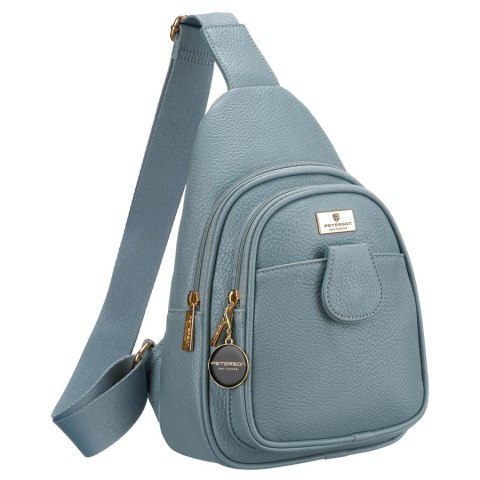 Niebieska stylowa mała saszetka damska z eko skóry zdobionej złotymi okuciami nerka crossbody Peterson Niebieska stylowa mała saszetka damska z eko skóry zdobionej złotymi okuciami nerka crossbody Peterson