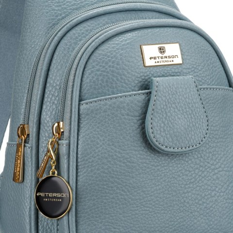 Niebieska stylowa mała saszetka damska z eko skóry zdobionej złotymi okuciami nerka crossbody Peterson Niebieska stylowa mała saszetka damska z eko skóry zdobionej złotymi okuciami nerka crossbody Peterson