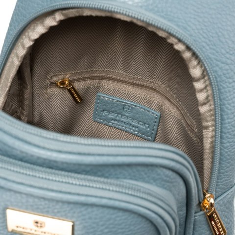 Niebieska stylowa mała saszetka damska z eko skóry zdobionej złotymi okuciami nerka crossbody Peterson Niebieska stylowa mała saszetka damska z eko skóry zdobionej złotymi okuciami nerka crossbody Peterson