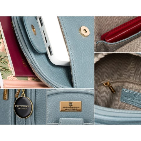Niebieska stylowa mała saszetka damska z eko skóry zdobionej złotymi okuciami nerka crossbody Peterson Niebieska stylowa mała saszetka damska z eko skóry zdobionej złotymi okuciami nerka crossbody Peterson