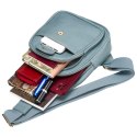 Niebieska stylowa mała saszetka damska z eko skóry zdobionej złotymi okuciami nerka crossbody Peterson