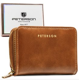 Brązowy portfel damski ze skóry ekologicznej zamykany na suwak i zatrzask - Peterson