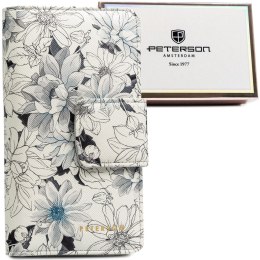 Elegancki i pionowy portfel damski ze skóry ekologicznej ozdobiony kwiatowym wzorem - Peterson