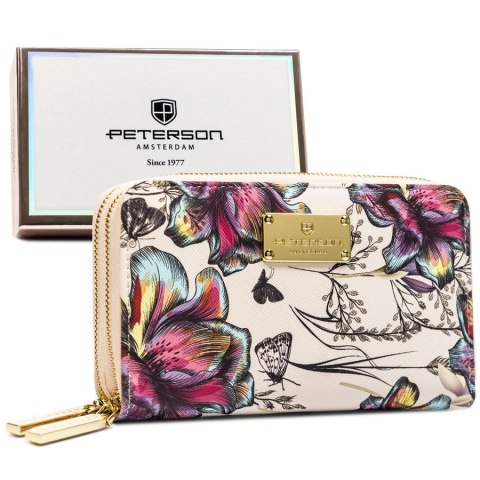 Elegancki portfel damski ze skóry ekologicznej w kwiaty, zamykany suwakiem - Peterson Elegancki portfel damski ze skóry ekologicznej w kwiaty, zamykany suwakiem - Peterson