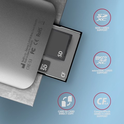 AXAGON Aluminum high-speed USB-A 3.2 Gen 1 memory card reader, 3 slots | CRE-S3 AXAGON Aluminum high-speed USB-A 3.2 Gen 1 memory card reader, 3 slots | CRE-S3