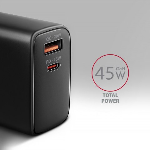 AXAGON GaN wallcharger 2x port (USB-A + USB-C), PD3.0/PPS/QC4+/SFC2.0/AFC/SCP/FCP/Apple, 45W | ACU-PQ45 AXAGON GaN wallcharger 2x port (USB-A + USB-C), PD3.0/PPS/QC4+/SFC2.0/AFC/SCP/FCP/Apple, 45W | ACU-PQ45