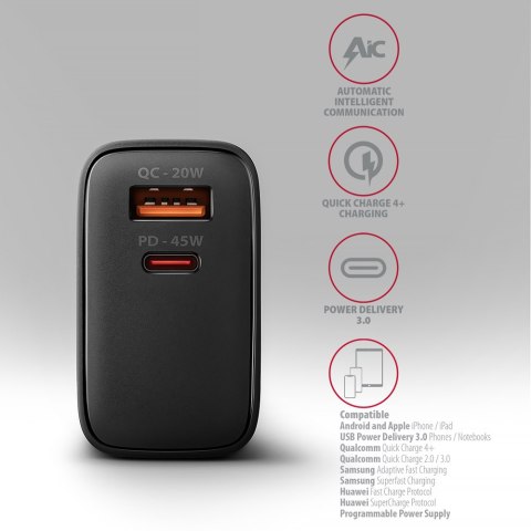 AXAGON GaN wallcharger 2x port (USB-A + USB-C), PD3.0/PPS/QC4+/SFC2.0/AFC/SCP/FCP/Apple, 45W | ACU-PQ45 AXAGON GaN wallcharger 2x port (USB-A + USB-C), PD3.0/PPS/QC4+/SFC2.0/AFC/SCP/FCP/Apple, 45W | ACU-PQ45