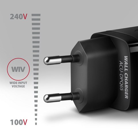 AXAGON GaN wallcharger 3x port (USB-A + 2x USB-C), 65W | ACU-DPQ65 AXAGON GaN wallcharger 3x port (USB-A + 2x USB-C), 65W | ACU-DPQ65