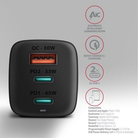 AXAGON GaN wallcharger 3x port (USB-A + 2x USB-C), 65W | ACU-DPQ65 AXAGON GaN wallcharger 3x port (USB-A + 2x USB-C), 65W | ACU-DPQ65