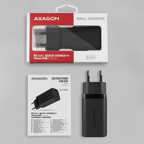 AXAGON GaN wallcharger 3x port (USB-A + 2x USB-C), 65W | ACU-DPQ65 AXAGON GaN wallcharger 3x port (USB-A + 2x USB-C), 65W | ACU-DPQ65