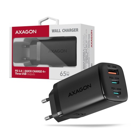 AXAGON GaN wallcharger 3x port (USB-A + 2x USB-C), 65W | ACU-DPQ65 AXAGON GaN wallcharger 3x port (USB-A + 2x USB-C), 65W | ACU-DPQ65