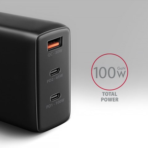 AXAGON GaN wallcharger, 3x port (USB-A + 2x USB-C), PD3.0/PPS/QC4+/SFC2.0/AFC/SCP/FCP/Apple, 100W | ACU-DPQ100 AXAGON GaN wallcharger, 3x port (USB-A + 2x USB-C), PD3.0/PPS/QC4+/SFC2.0/AFC/SCP/FCP/Apple, 100W | ACU-DPQ100