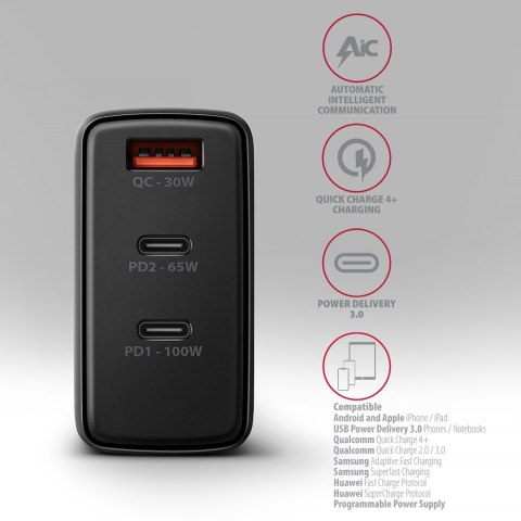 AXAGON GaN wallcharger, 3x port (USB-A + 2x USB-C), PD3.0/PPS/QC4+/SFC2.0/AFC/SCP/FCP/Apple, 100W | ACU-DPQ100 AXAGON GaN wallcharger, 3x port (USB-A + 2x USB-C), PD3.0/PPS/QC4+/SFC2.0/AFC/SCP/FCP/Apple, 100W | ACU-DPQ100