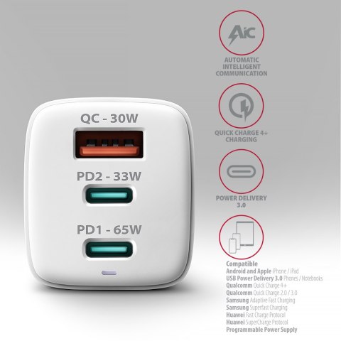 AXAGON GaN wallcharger 3x port (USB-A + 2x USB-C), PD3.0/PPS/QC4+/SFC2.0/AFC/SCP/FCP/Apple, 65W | ACU-DPQ65W AXAGON GaN wallcharger 3x port (USB-A + 2x USB-C), PD3.0/PPS/QC4+/SFC2.0/AFC/SCP/FCP/Apple, 65W | ACU-DPQ65W