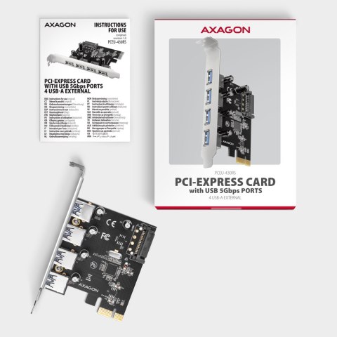 AXAGON PCI-Express card with four external USB-A 5Gbps ports | PCEU-430RS AXAGON PCI-Express card with four external USB-A 5Gbps ports | PCEU-430RS