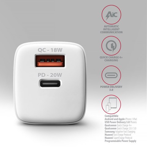 AXAGON Wallcharger 2x port (USB-A + USB-C), 20W | ACU-PQ20W AXAGON Wallcharger 2x port (USB-A + USB-C), 20W | ACU-PQ20W