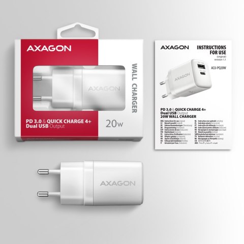AXAGON Wallcharger 2x port (USB-A + USB-C), 20W | ACU-PQ20W AXAGON Wallcharger 2x port (USB-A + USB-C), 20W | ACU-PQ20W