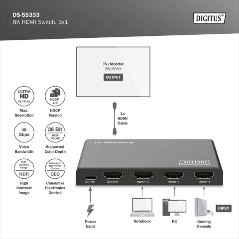 Digitus 8K HDMI Switch, 3x1 | DS-55333 | Black Digitus 8K HDMI Switch, 3x1 | DS-55333 | Black