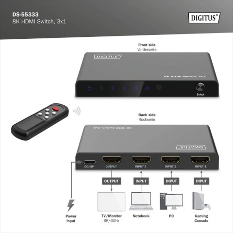 Digitus 8K HDMI Switch, 3x1 | DS-55333 | Black Digitus 8K HDMI Switch, 3x1 | DS-55333 | Black