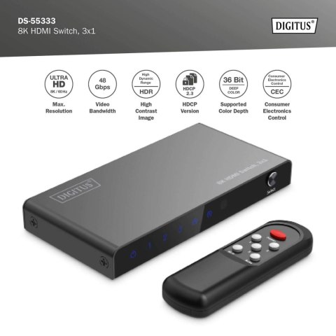 Digitus 8K HDMI Switch, 3x1 | DS-55333 | Black Digitus 8K HDMI Switch, 3x1 | DS-55333 | Black