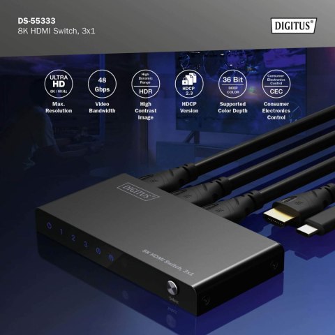 Digitus 8K HDMI Switch, 3x1 | DS-55333 | Black Digitus 8K HDMI Switch, 3x1 | DS-55333 | Black