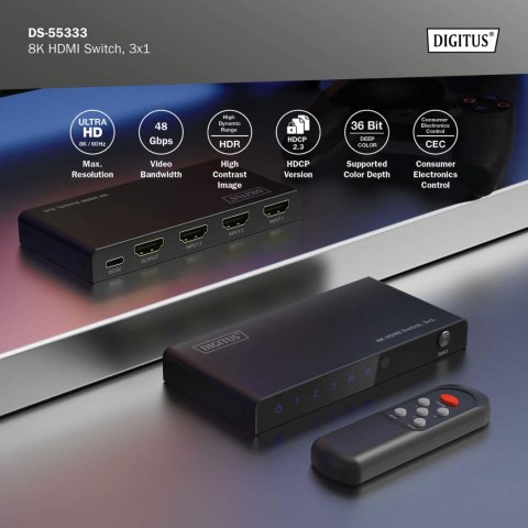 Digitus 8K HDMI Switch, 3x1 | DS-55333 | Black Digitus 8K HDMI Switch, 3x1 | DS-55333 | Black