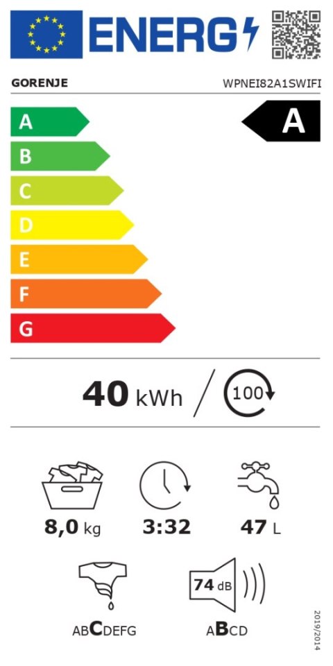 Gorenje Washing machine | WPNEI82A1SWIFI | Energy efficiency class A | Front loading | Washing capacity 8 kg | 1200 RPM | Depth Gorenje Washing machine | WPNEI82A1SWIFI | Energy efficiency class A | Front loading | Washing capacity 8 kg | 1200 RPM | Depth
