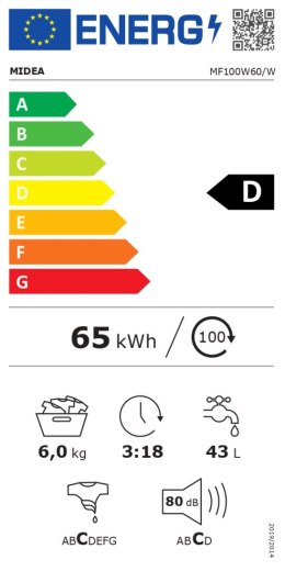 Pralka Midea | MF100W60/W | Klasa efektywności energetycznej D | Ładowana od frontu | Pojemność prania 6 kg | 1000 obr/min | Głę