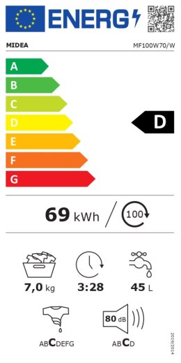 Pralka Midea | MF100W70/W | Klasa efektywności energetycznej D | Ładowana od frontu | Pojemność prania 7 kg | 1200 obr/min | Głę