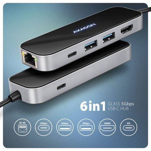 AXAGON USB-C 5Gbps GLASS 6in1 Hub | HMC-6GLN AXAGON USB-C 5Gbps GLASS 6in1 Hub | HMC-6GLN
