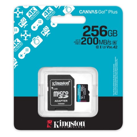 Kingston | Canvas Go! Plus | 256 GB | microSD | Flash memory class Class 10, UHS-I, U3, V30, A2 Kingston | Canvas Go! Plus | 256 GB | microSD | Flash memory class Class 10, UHS-I, U3, V30, A2