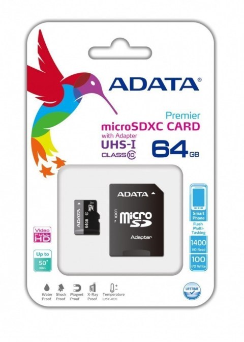 ADATA | Premier UHS-I | 64 GB | MicroSDXC | Klasa pamięci Flash 10 | Adapter SD | Gwarancja 24 miesiące ADATA | Premier UHS-I | 64 GB | MicroSDXC | Klasa pamięci Flash 10 | Adapter SD | Gwarancja 24 miesiące