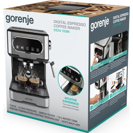 Gorenje | Ekspres do kawy | ESCM15DBK | Ciśnienie pompy 15 bar | Wbudowany spieniacz do mleka | Ręczny | 1100 W | Stal nierdzewn Gorenje | Ekspres do kawy | ESCM15DBK | Ciśnienie pompy 15 bar | Wbudowany spieniacz do mleka | Ręczny | 1100 W | Stal nierdzewn