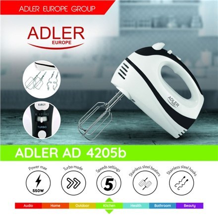 Adler | AD 4205 b | Mikser | Mikser ręczny | 300 W | Liczba prędkości 5 | Tryb Turbo | Biały/czarny Adler | AD 4205 b | Mikser | Mikser ręczny | 300 W | Liczba prędkości 5 | Tryb Turbo | Biały/czarny