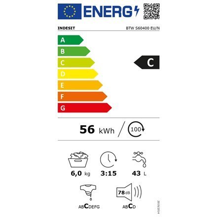 INDESIT | BTW S60400 EU/N | Pralka | Klasa efektywności energetycznej C | Ładowanie od góry | Pojemność prania 6 kg | 951 obr/mi INDESIT | BTW S60400 EU/N | Pralka | Klasa efektywności energetycznej C | Ładowanie od góry | Pojemność prania 6 kg | 951 obr/mi