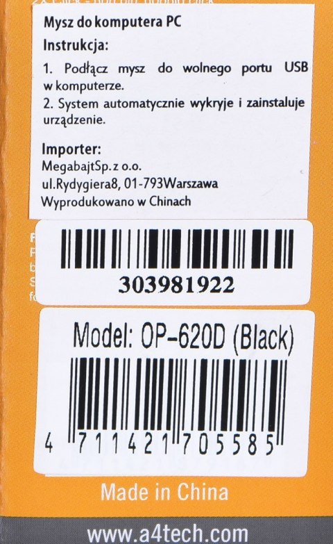 Mysz A4 TECH A4TMYS30398 (optyczna; 800 DPI; kolor czarny) Mysz A4 TECH A4TMYS30398 (optyczna; 800 DPI; kolor czarny)